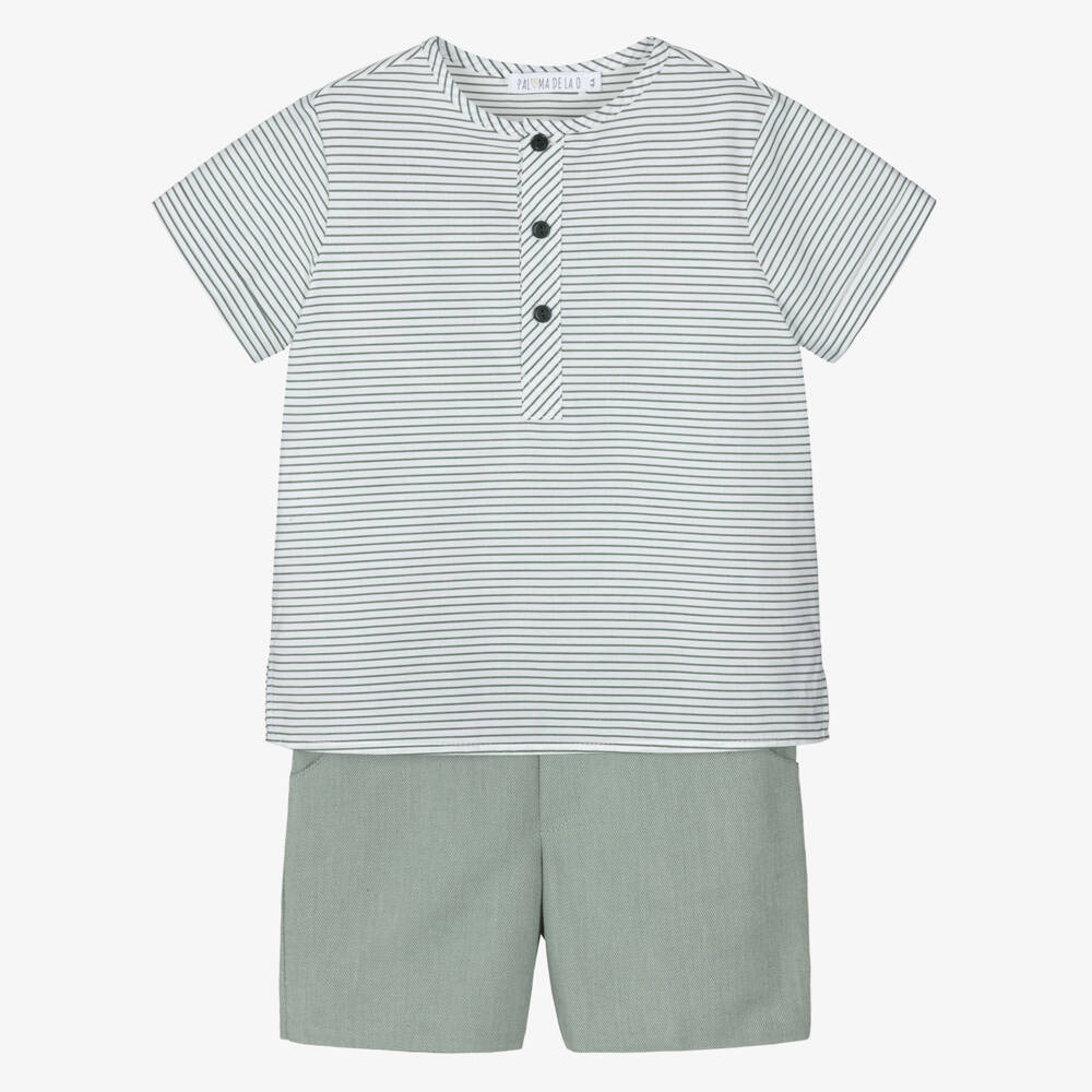 Paloma de la O-Boys Green Striped Cotton Shirt & Shorts Set | Childrensalon Outlet