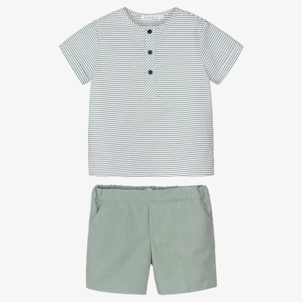Paloma de la O-Boys Green Striped Cotton Shirt & Shorts Set | Childrensalon Outlet