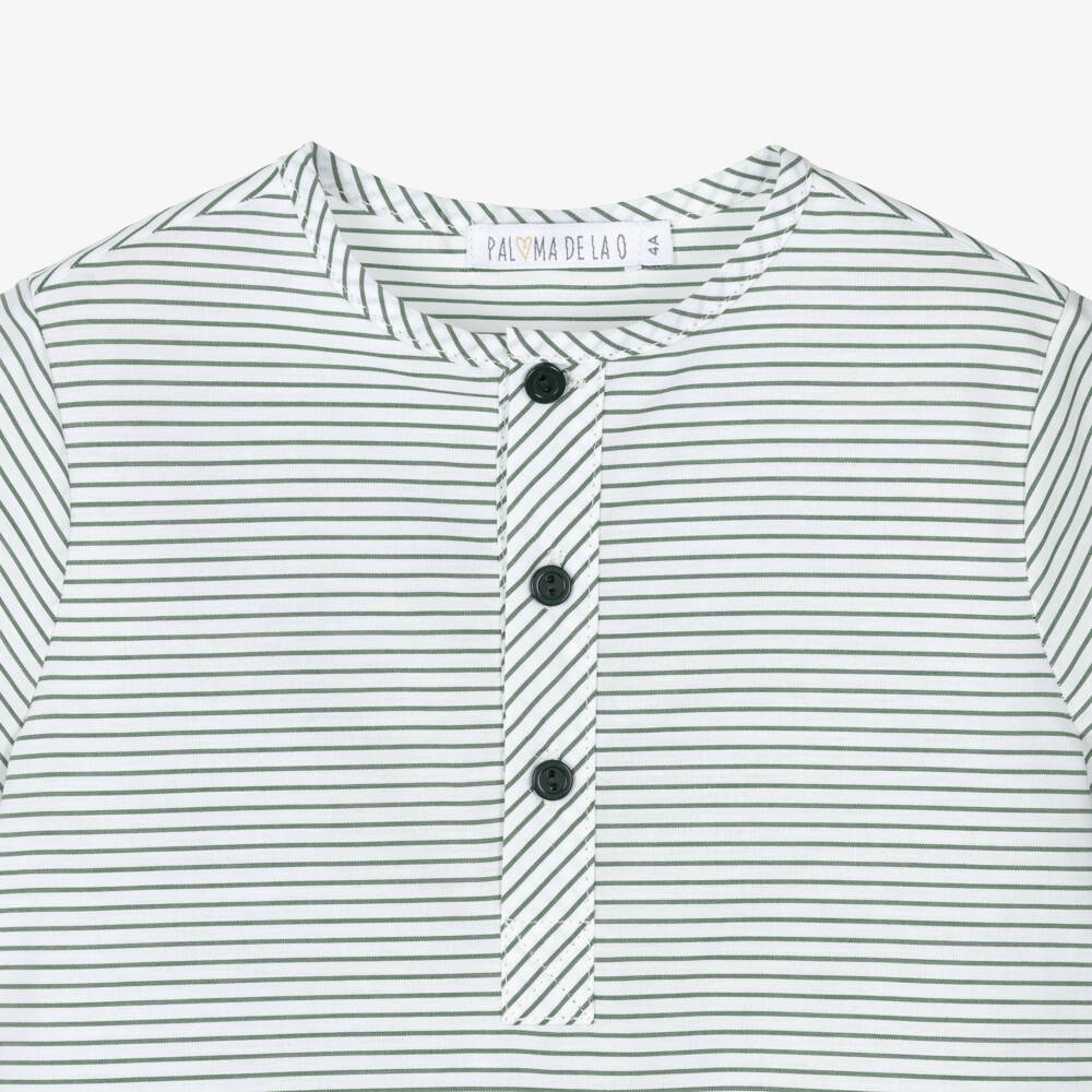 Paloma de la O-Boys Green Striped Cotton Shirt & Shorts Set | Childrensalon Outlet