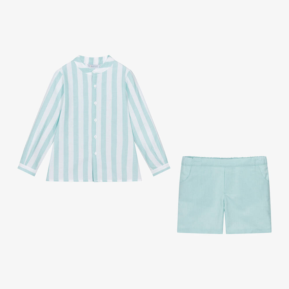 Paloma de la O-Boys Green Striped Cotton Shorts Set | Childrensalon Outlet