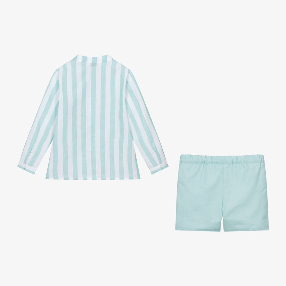 Paloma de la O-Boys Green Striped Cotton Shorts Set | Childrensalon Outlet