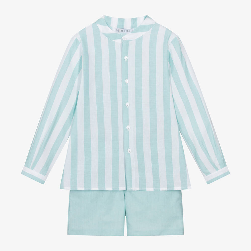 Paloma de la O-Boys Green Striped Cotton Shorts Set | Childrensalon Outlet