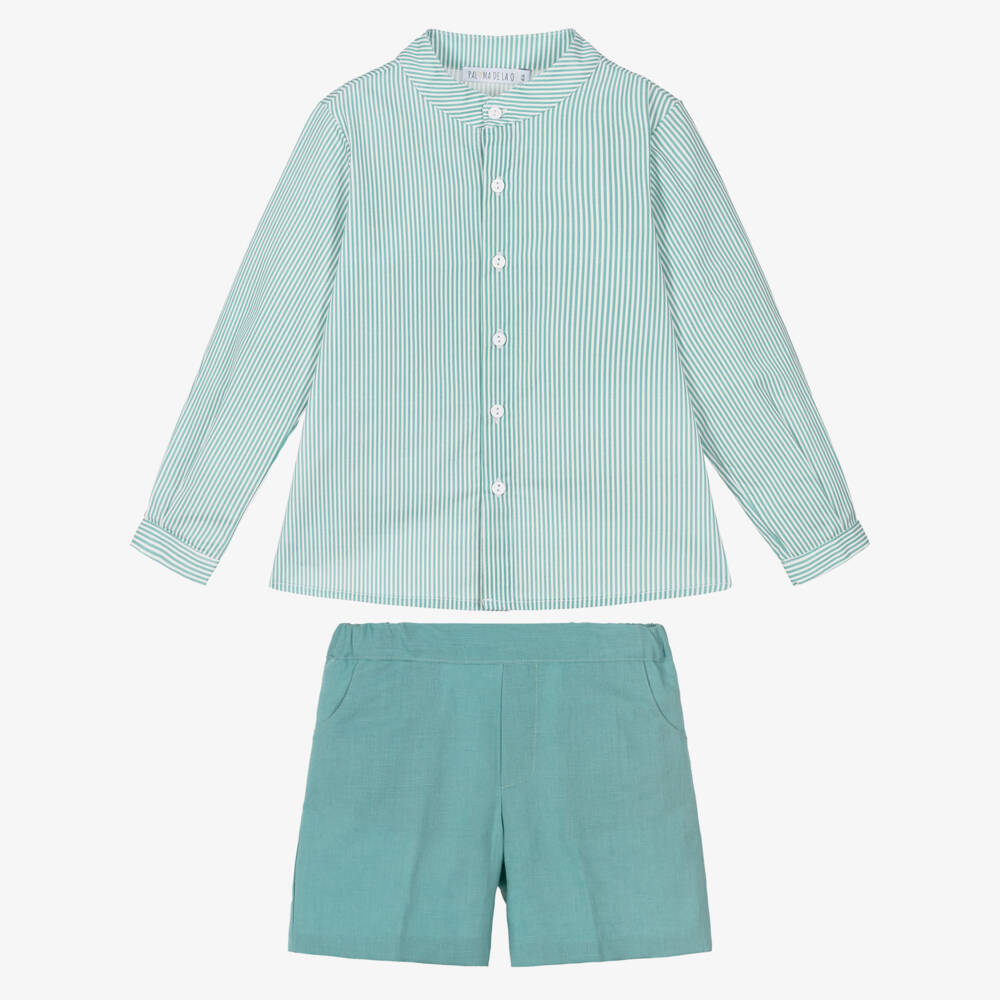 Paloma de la O-Boys Green Striped Long Sleeve Shirt & Shorts Set | Childrensalon Outlet