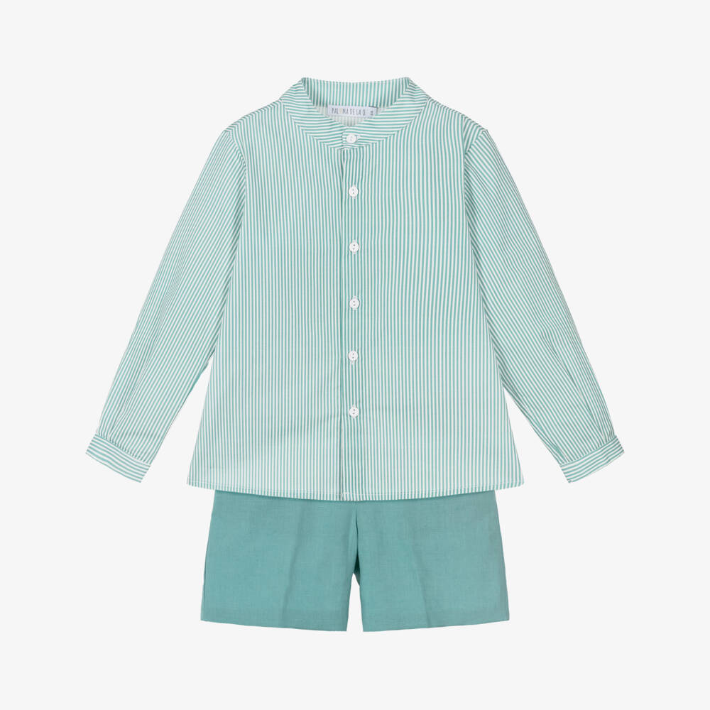 Paloma de la O-Boys Green Striped Long Sleeve Shirt & Shorts Set | Childrensalon Outlet