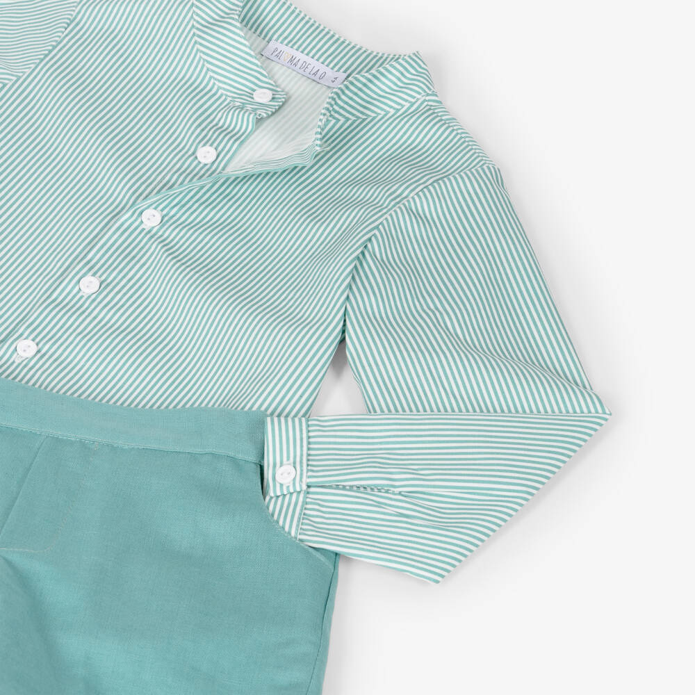 Paloma de la O-Boys Green Striped Long Sleeve Shirt & Shorts Set | Childrensalon Outlet