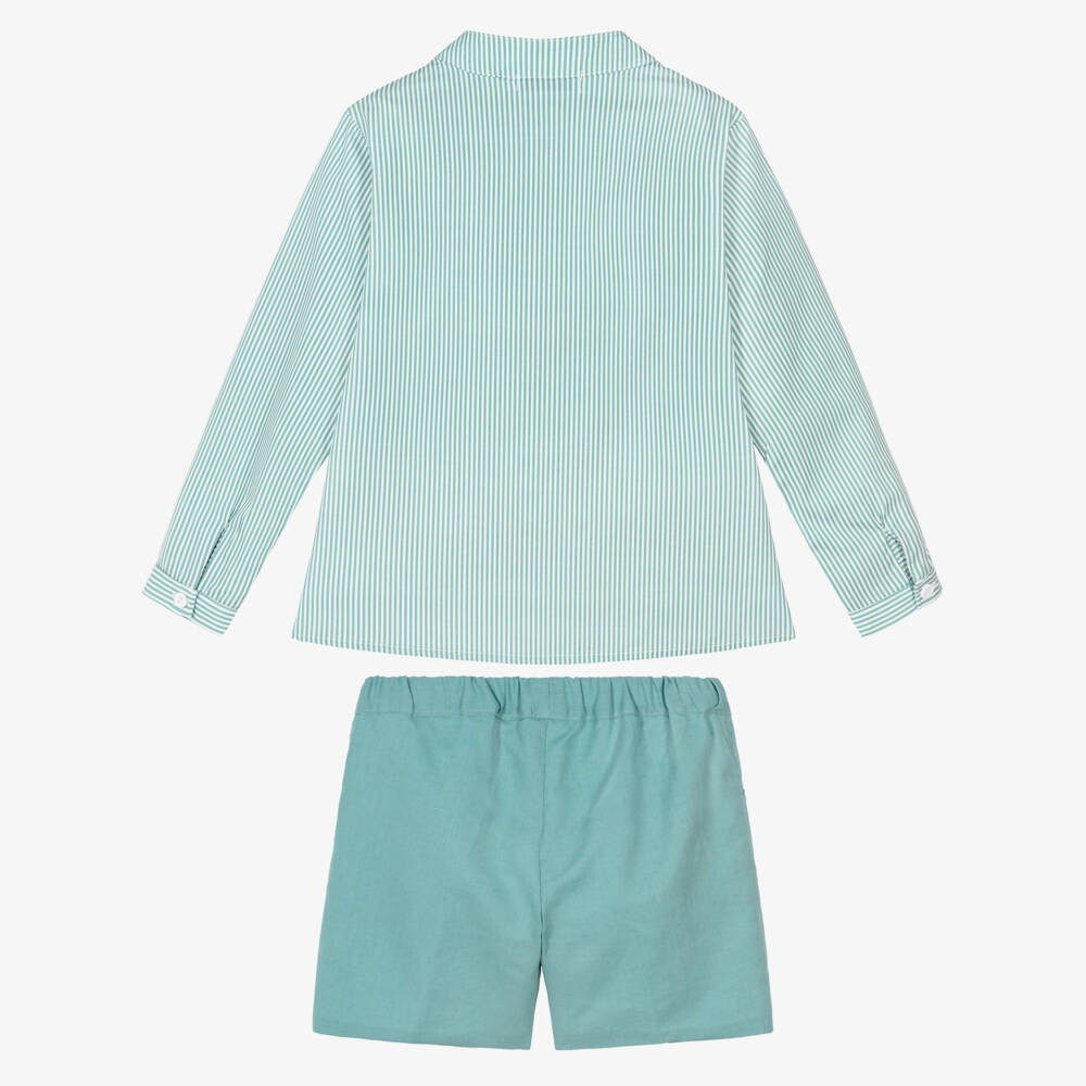 Paloma de la O-Boys Green Striped Long Sleeve Shirt & Shorts Set | Childrensalon Outlet