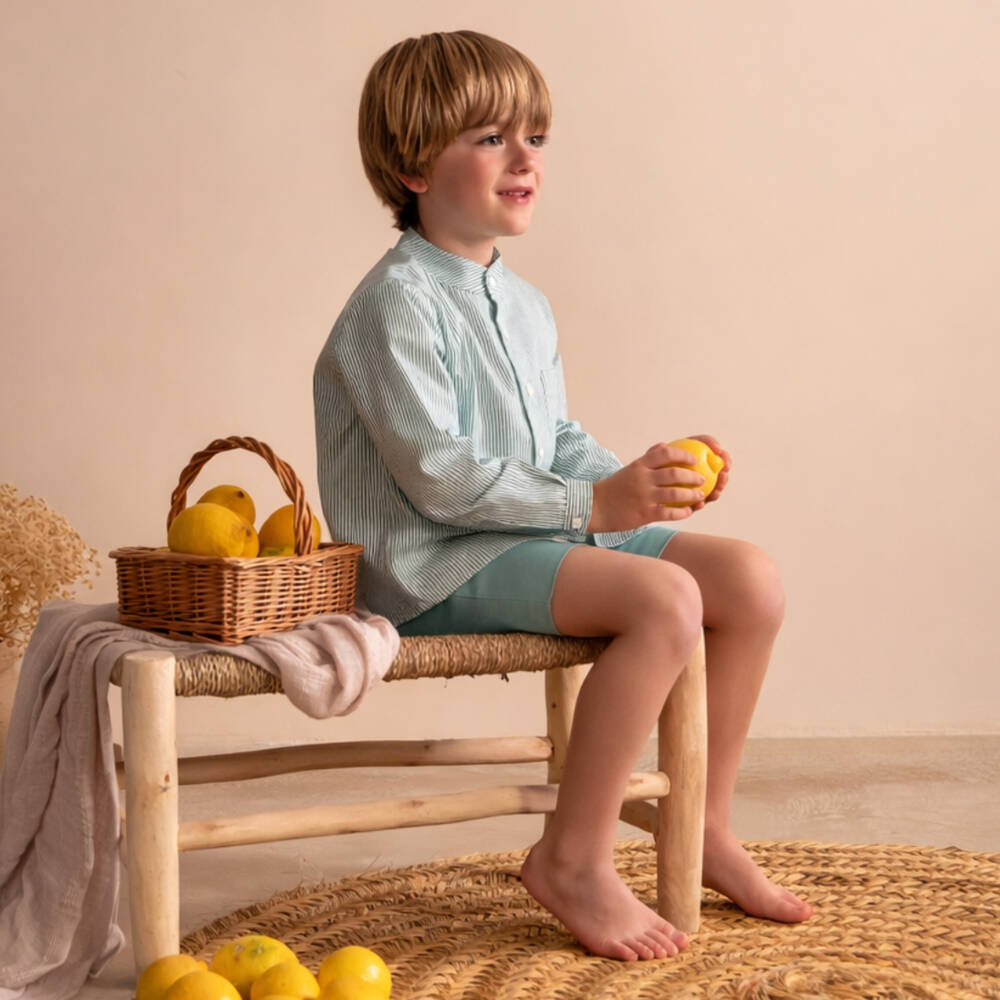 Paloma de la O-Boys Green Striped Long Sleeve Shirt & Shorts Set | Childrensalon Outlet