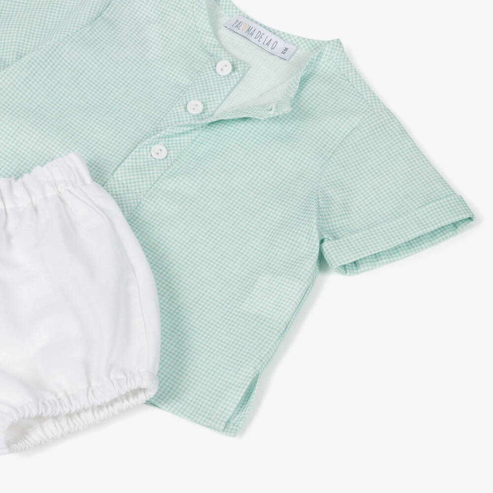 Paloma de la O-Boys Green & White Linen Blend Outfit | Childrensalon Outlet