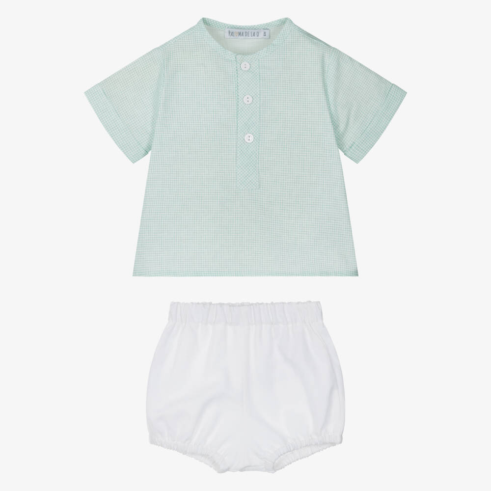 Paloma de la O-Boys Green & White Linen Blend Outfit | Childrensalon Outlet