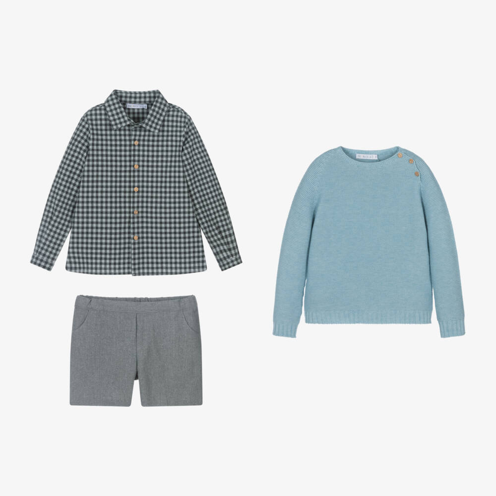 Paloma de la O-Boys Grey & Blue Shorts Ensemble | Childrensalon Outlet