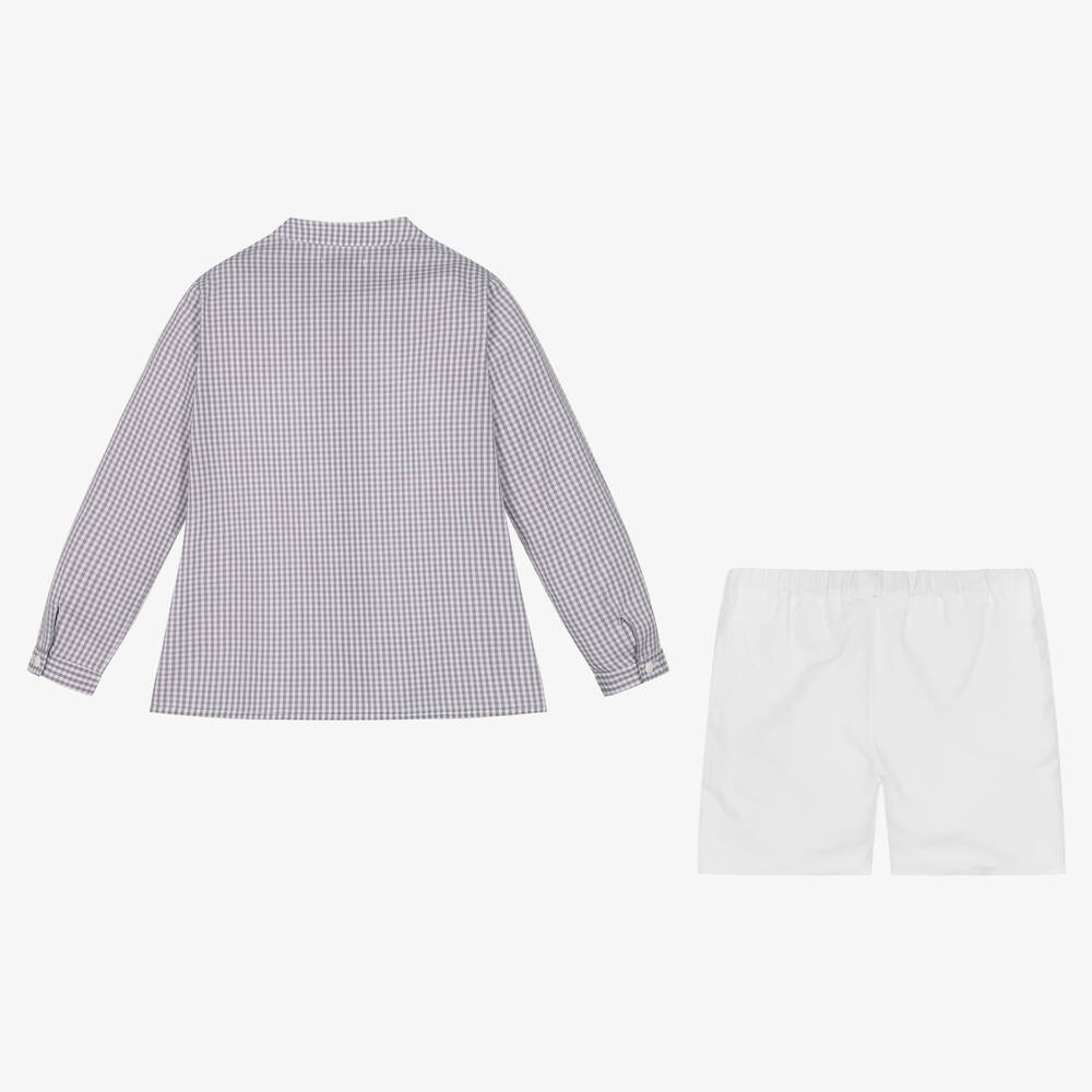 Paloma de la O-طقم شورت قطن وكتان مقلم لون أبيض ورمادي | Childrensalon Outlet