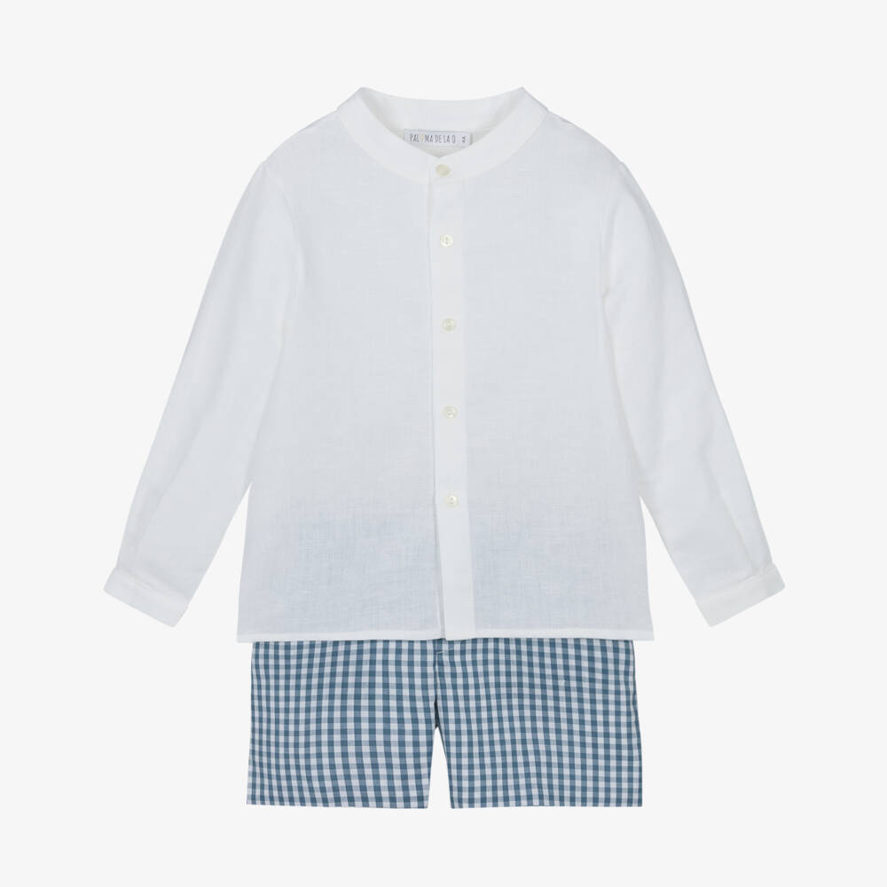 Paloma de la O-Boys Ivory & Blue Patterned Shorts Ensemble | Childrensalon Outlet