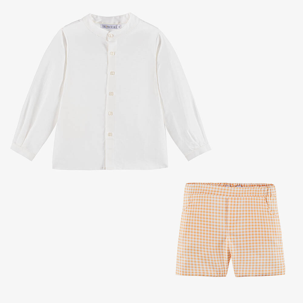 Paloma de la O-Boys Ivory Shirt & Orange Check Shorts Set | Childrensalon Outlet