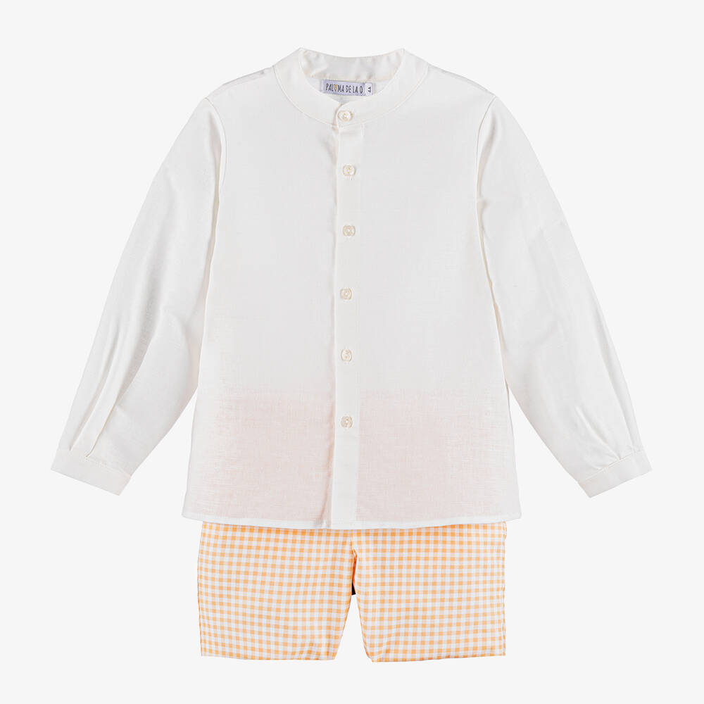 Paloma de la O-طقم شورت وقميص قطن وكتان لون عاجي وبرتقالي | Childrensalon Outlet