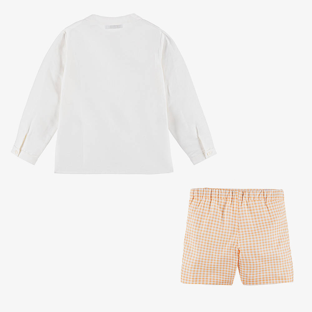 Paloma de la O-Boys Ivory Shirt & Orange Check Shorts Set | Childrensalon Outlet