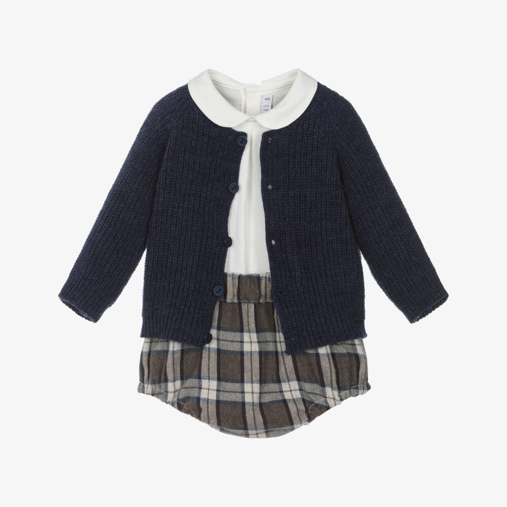 Paloma de la O-Boys Navy Blue Cardigan & Brown Check Shorts Set | Childrensalon Outlet
