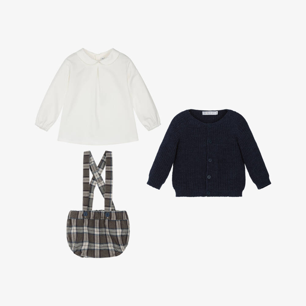 Paloma de la O-Boys Navy Blue Cardigan & Brown Check Shorts Set | Childrensalon Outlet