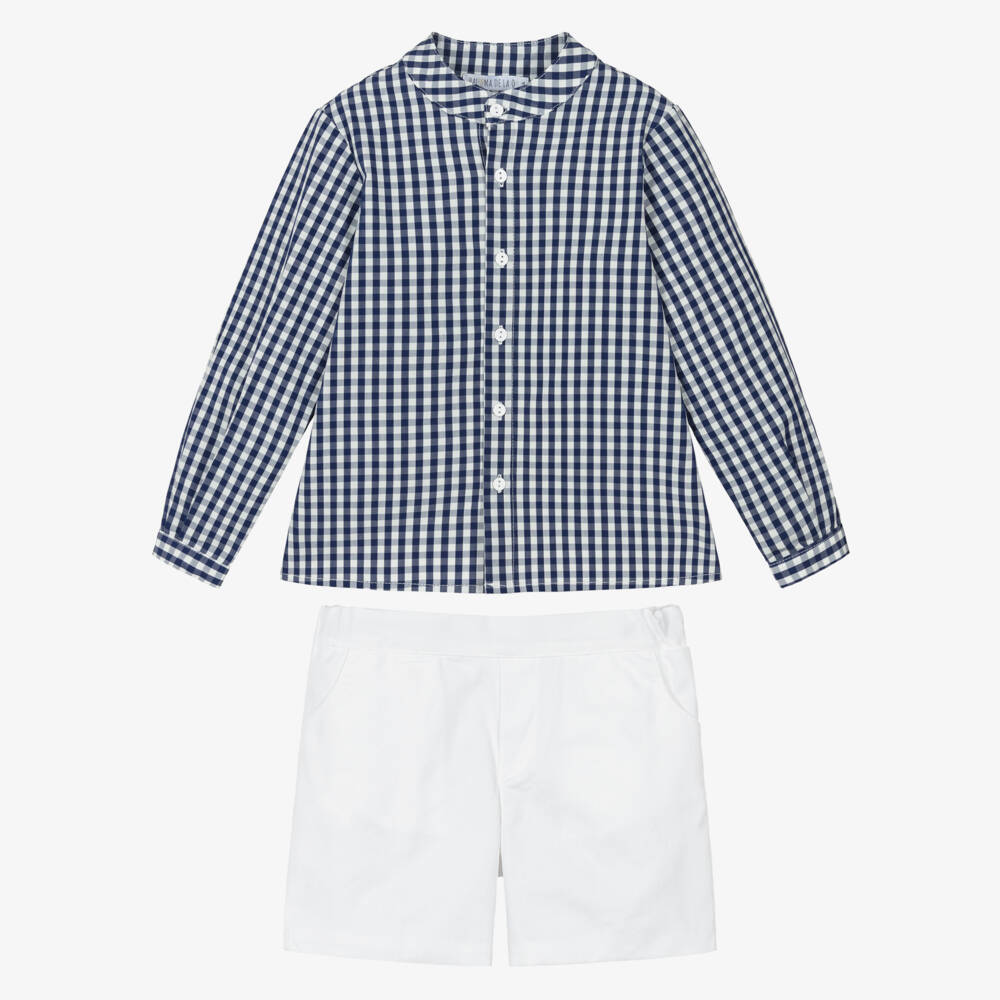 Paloma de la O-Boys Navy Blue & White Gingham Shorts Set | Childrensalon Outlet