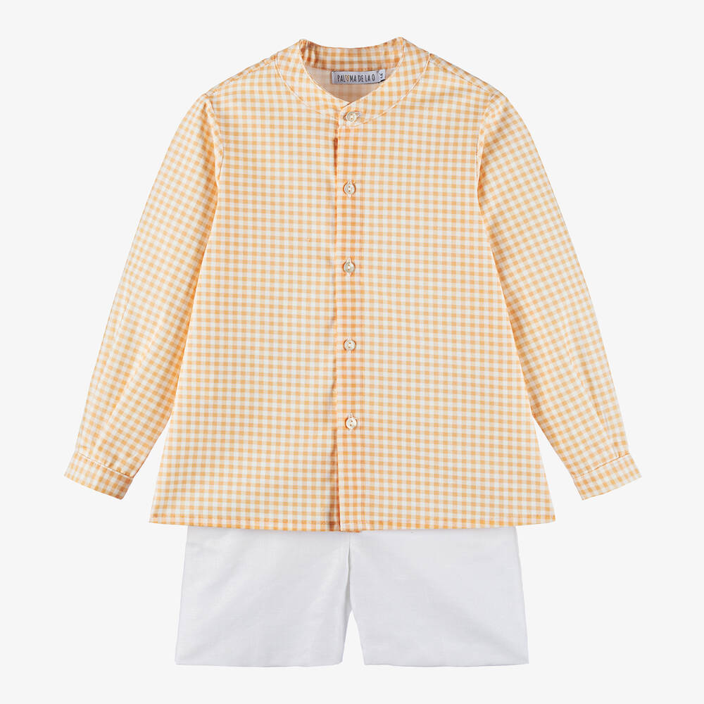 Paloma de la O-Boys Orange Check Shirt & White Shorts Set | Childrensalon Outlet