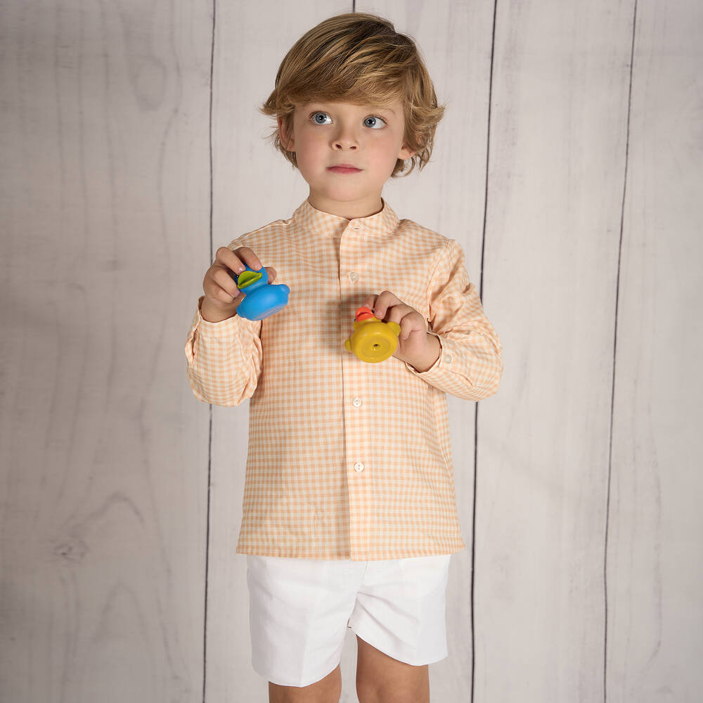 Paloma de la O-Boys Orange Check Shirt & White Shorts Set | Childrensalon Outlet