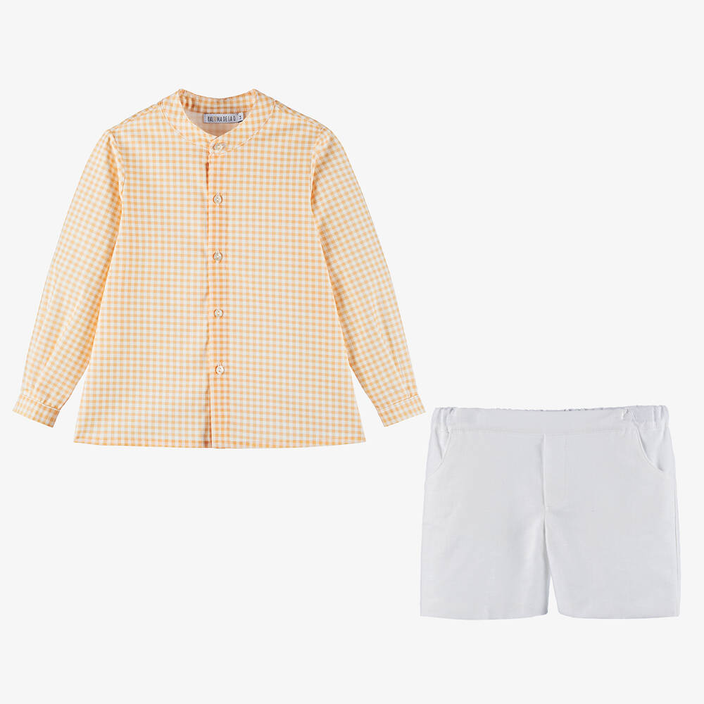 Paloma de la O-Boys Orange Check Shirt & White Shorts Set | Childrensalon Outlet