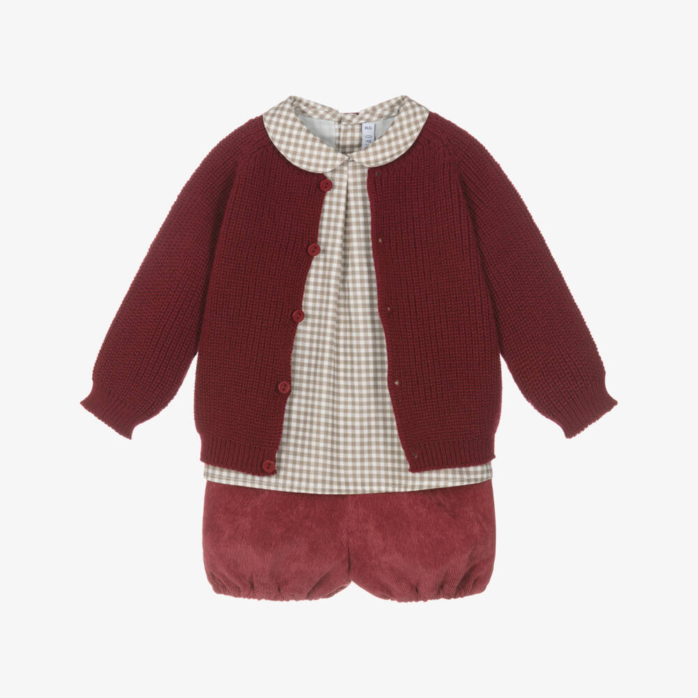 Paloma de la O-Boys Red & Beige Cotton Shorts Set with Knitted Cardigan | Childrensalon Outlet