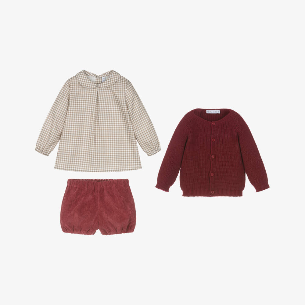 Paloma de la O-Boys Red & Beige Cotton Shorts Set with Knitted Cardigan | Childrensalon Outlet