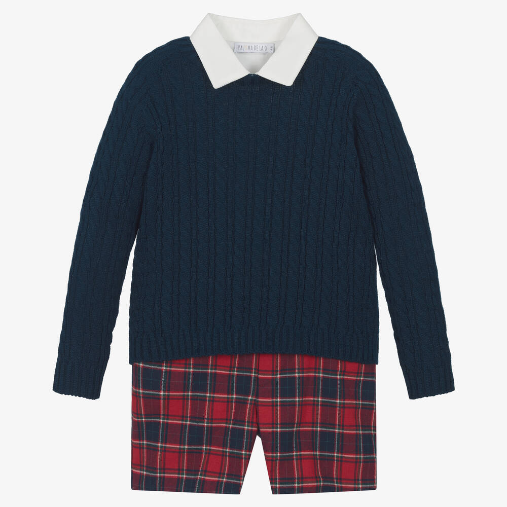 Paloma de la O - Boys Red & Blue Tartan Shorts Set | Childrensalon