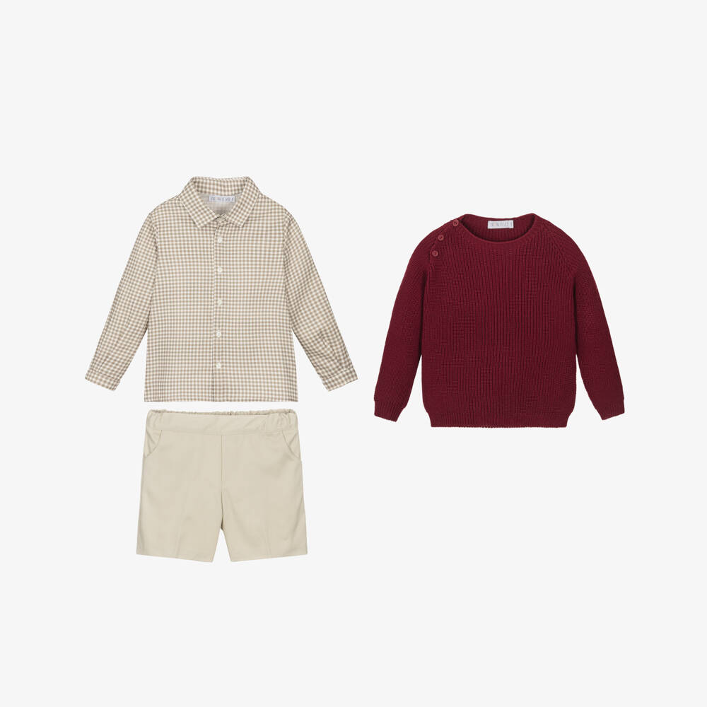 Paloma de la O-Boys Red Knit Sweater & Beige Cotton Shorts Set | Childrensalon Outlet