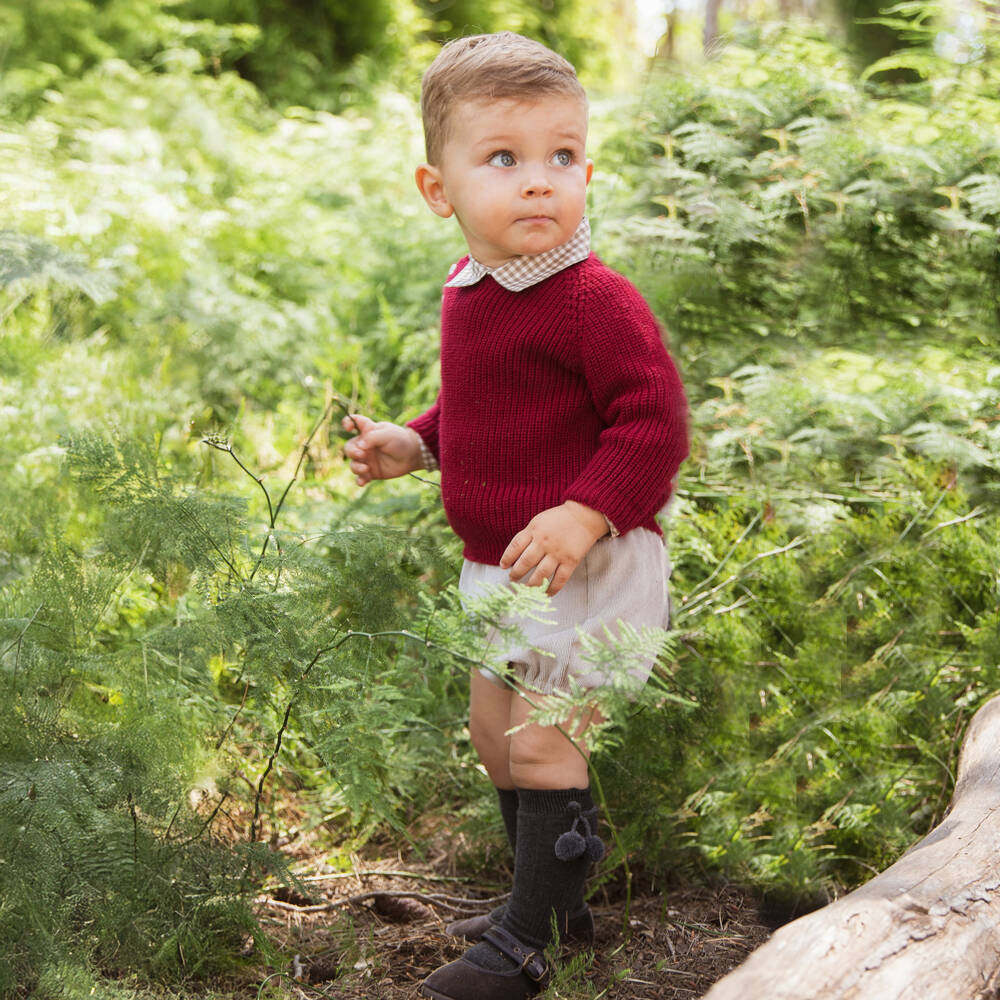 Paloma de la O-Boys Red Knit Sweater & Beige Cotton Shorts Set | Childrensalon Outlet