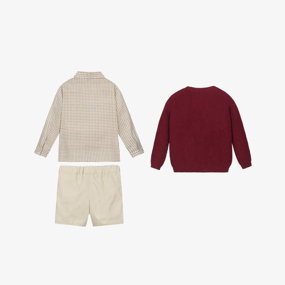 Paloma de la O-Boys Red Knit Sweater & Beige Cotton Shorts Set | Childrensalon Outlet
