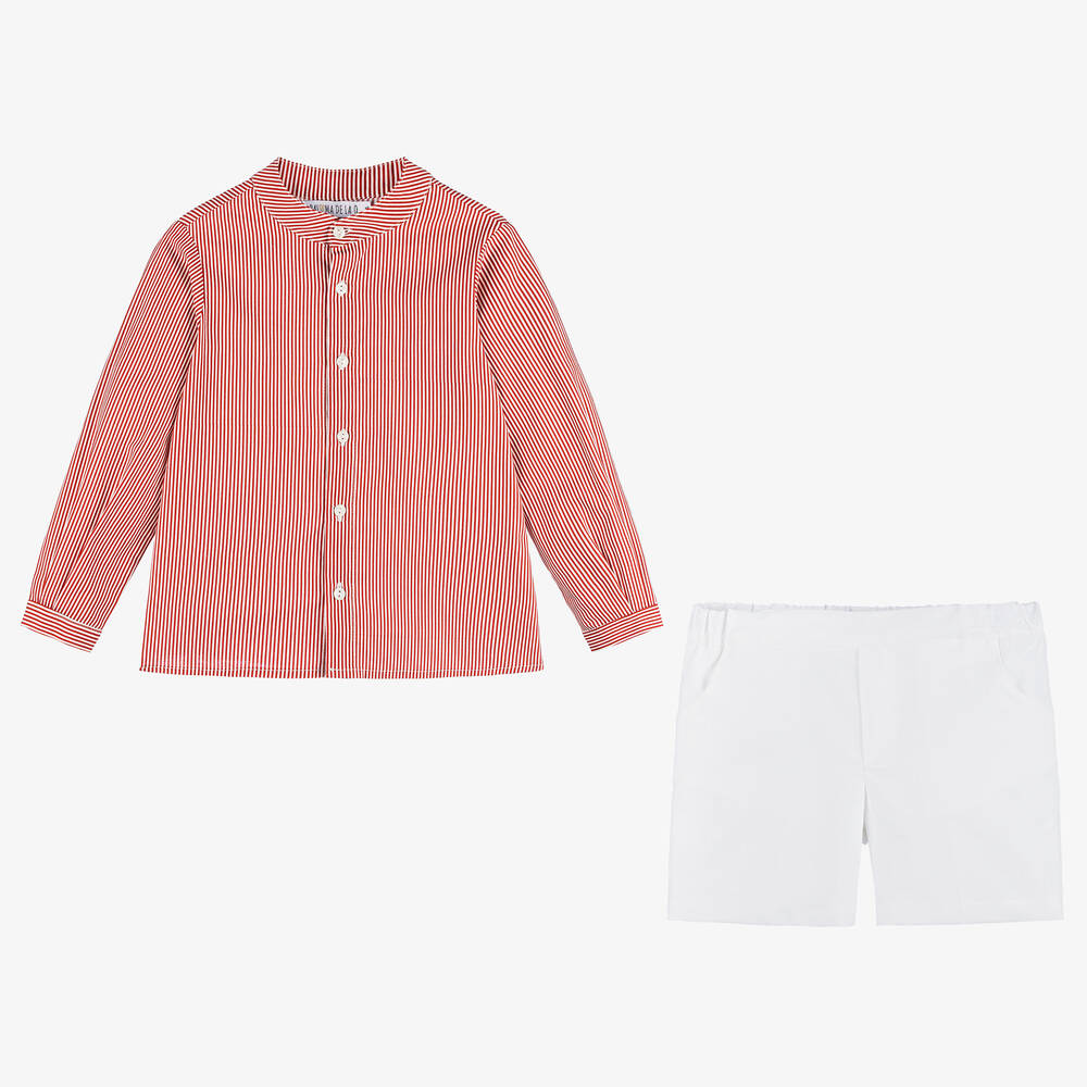 Paloma de la O-Boys Red Striped Cotton Shorts Set | Childrensalon Outlet