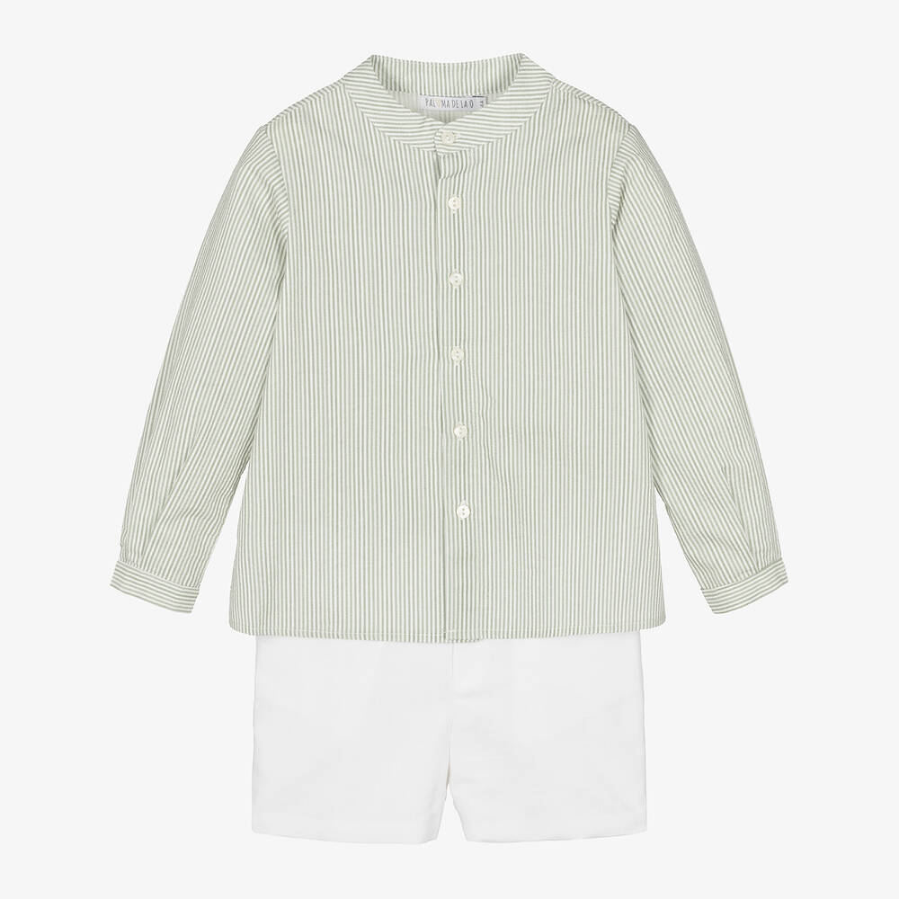 Paloma de la O-Boys Sage Green Striped Cotton Shorts Set | Childrensalon Outlet