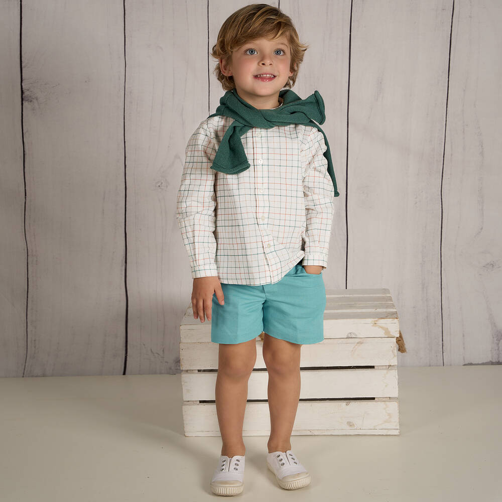 Paloma de la O-Boys White & Green Check Shorts Set | Childrensalon Outlet