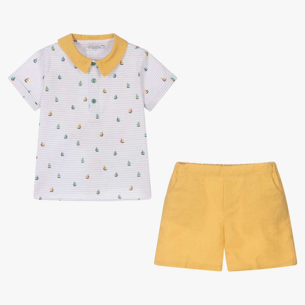 بالوما دي لا أو-طقم شورت أطفال ولادي قطن وكتان لون أصفر وأبيض | Childrensalon Outlet