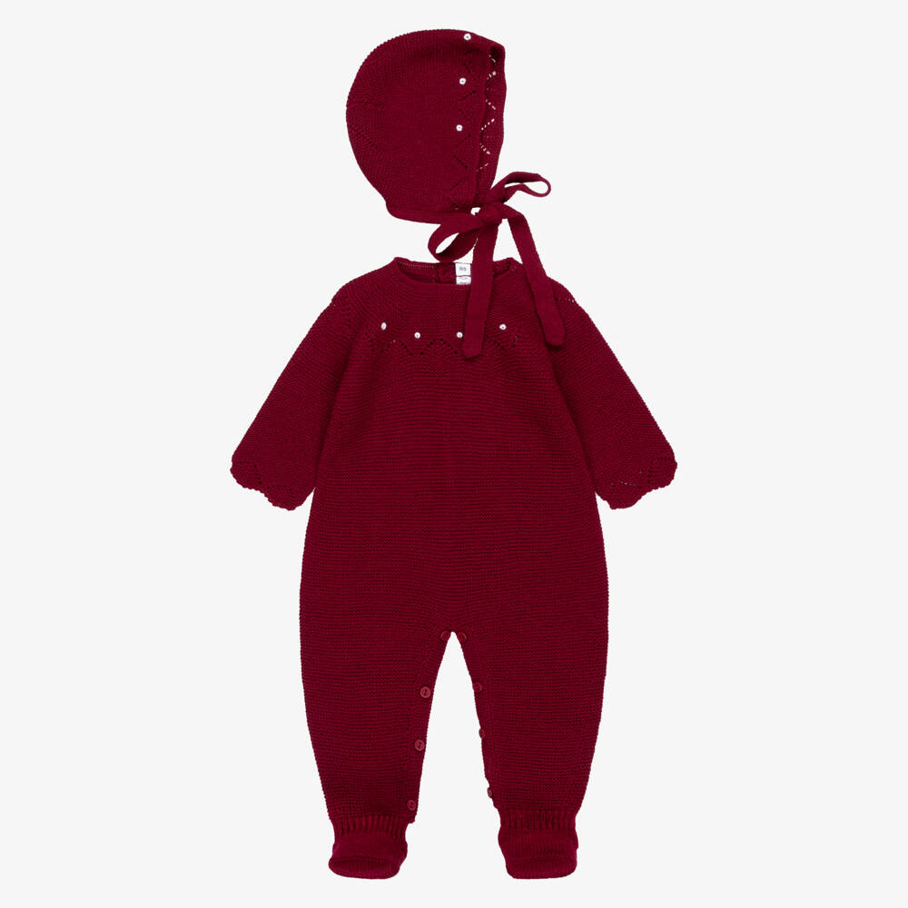 Paloma de la O-Burgundy Red Knitted Babygrow & Bonnet Set | Childrensalon Outlet