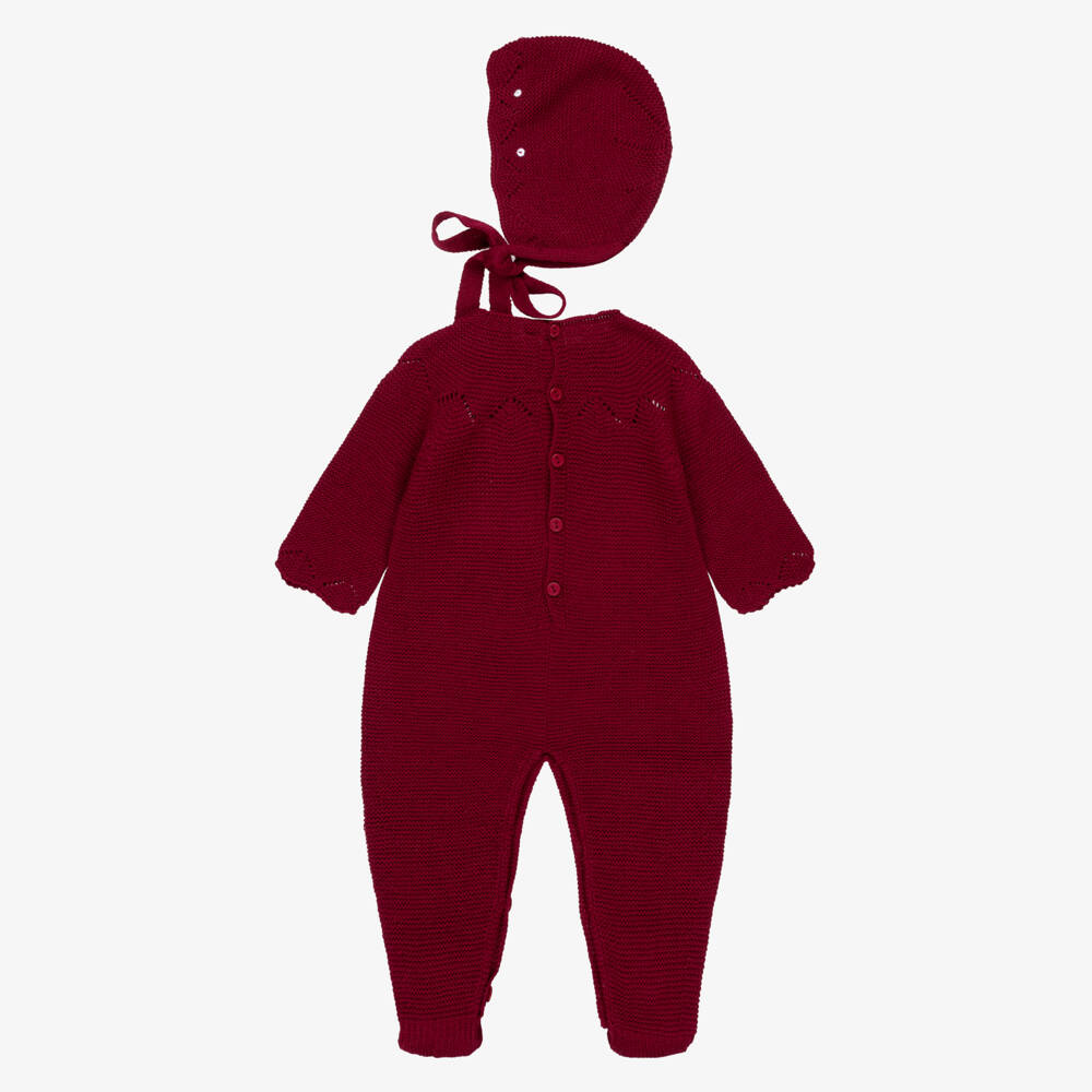 Paloma de la O-Burgundy Red Knitted Babygrow & Bonnet Set | Childrensalon Outlet