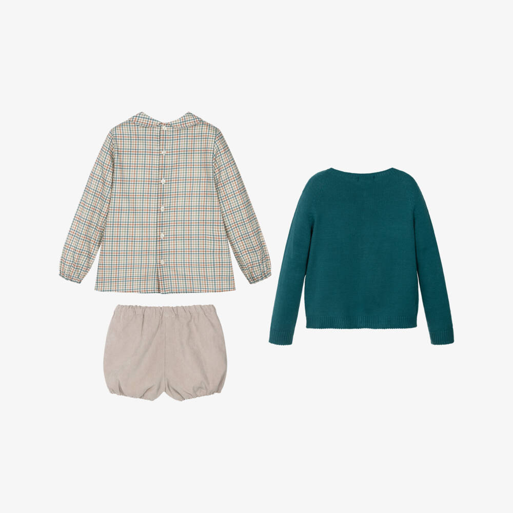 Paloma de la O-Exclusive Beige & Green Cardigan And Shirt & Shorts Set | Childrensalon Outlet