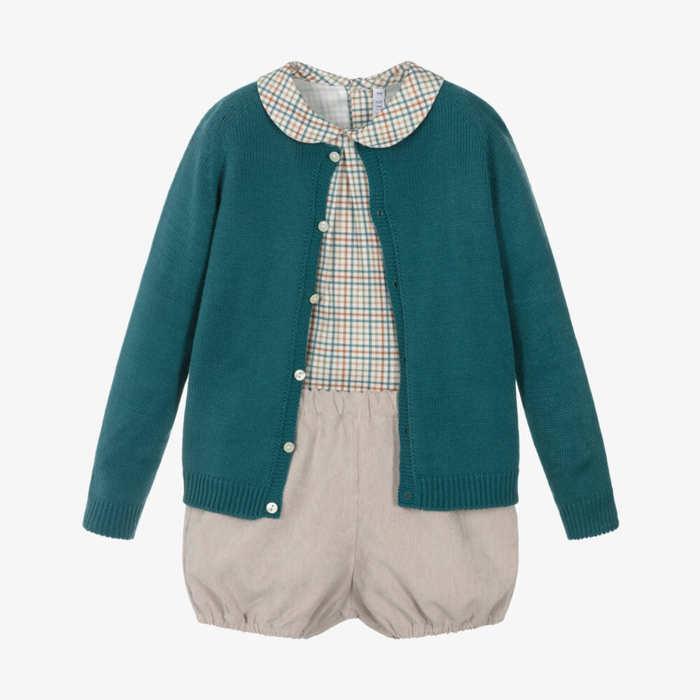 Paloma de la O-Exclusive Beige & Green Cardigan And Shirt & Shorts Set | Childrensalon Outlet