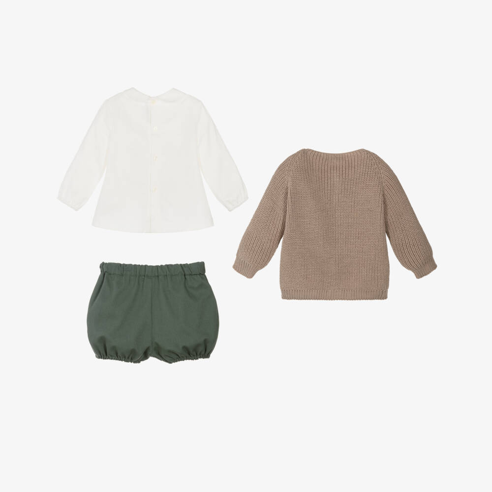 Paloma de la O-Exclusive Green & Beige Shorts And Shirt & Cardigan Set | Childrensalon Outlet