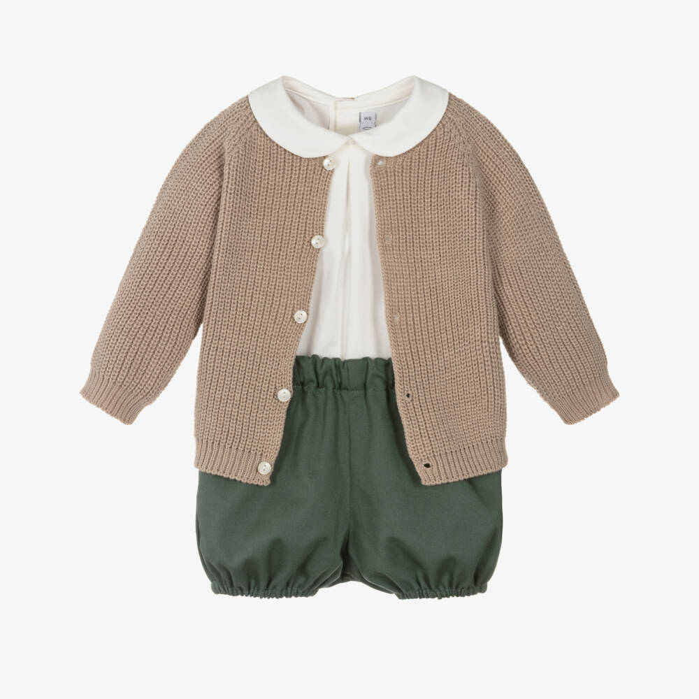 Paloma de la O-Exclusive Green & Beige Shorts And Shirt & Cardigan Set | Childrensalon Outlet