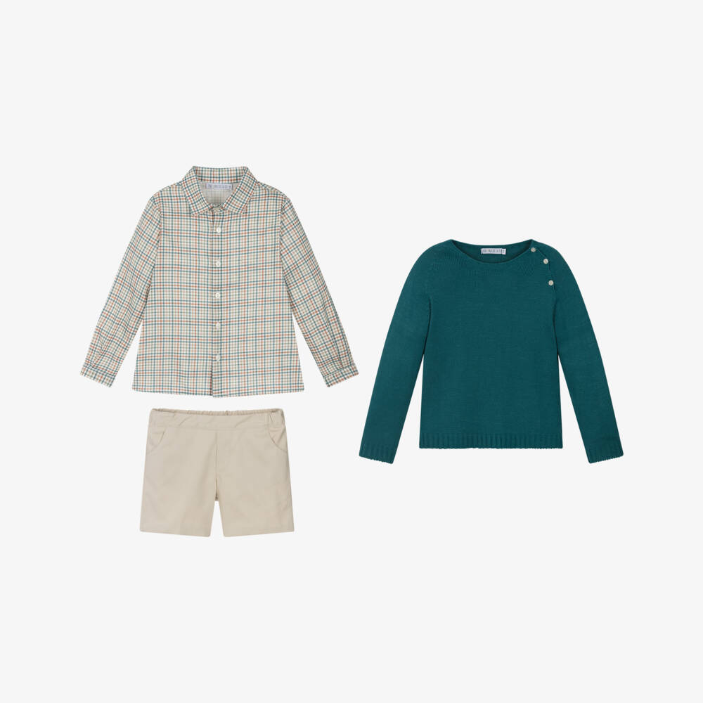Paloma de la O-Exclusive Green & Check Shorts And Shirt & Sweater Set | Childrensalon Outlet