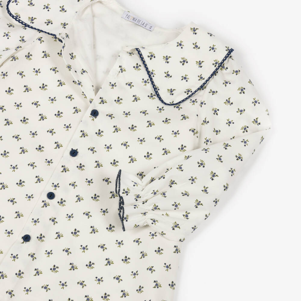 Paloma de la O-Exclusive Ivory Blue Floral Dress | Childrensalon Outlet