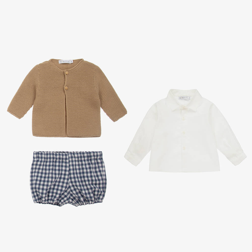 Paloma de la O-Girls Beige & Blue Check Shorts Set | Childrensalon Outlet