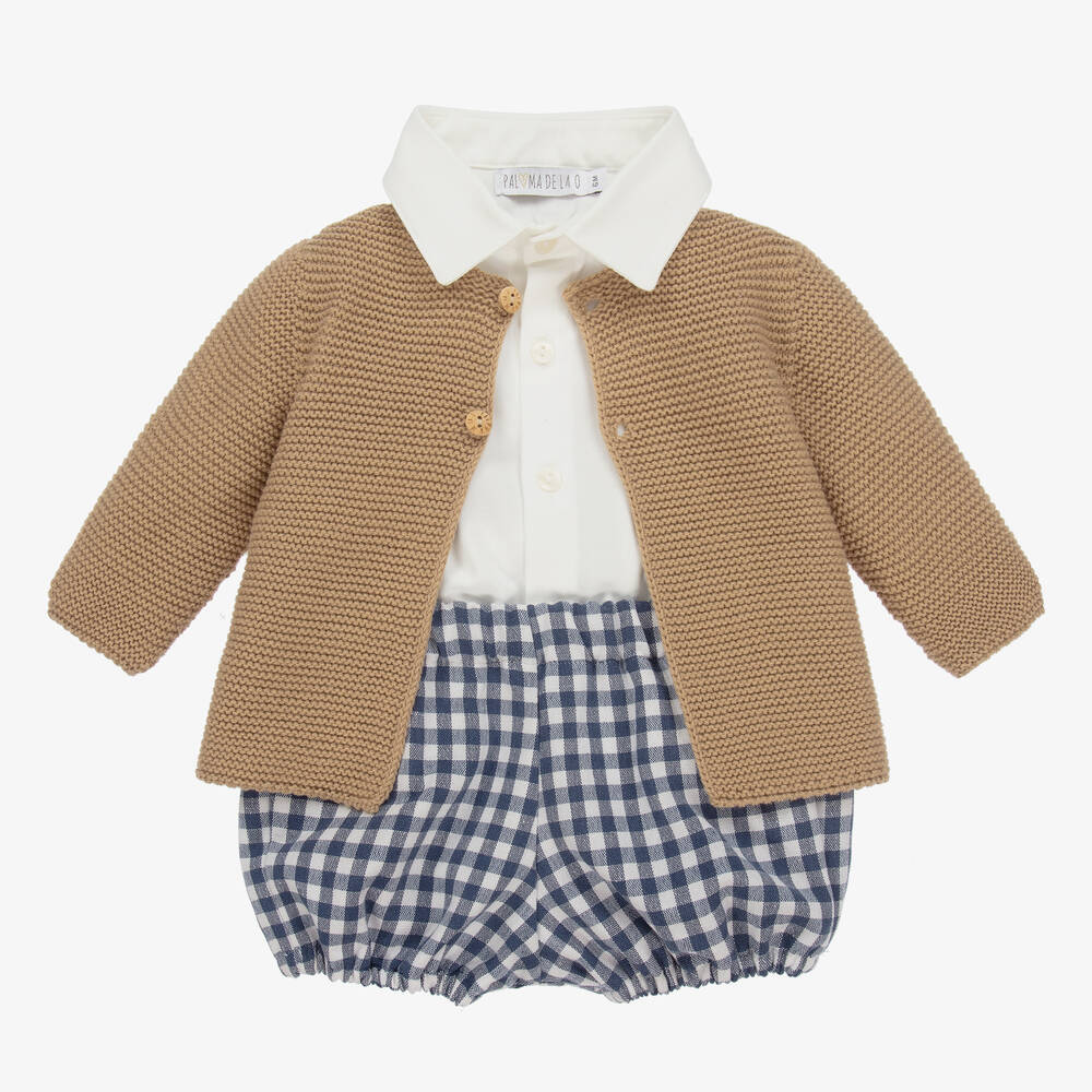 Paloma de la O-Girls Beige & Blue Check Shorts Set | Childrensalon Outlet
