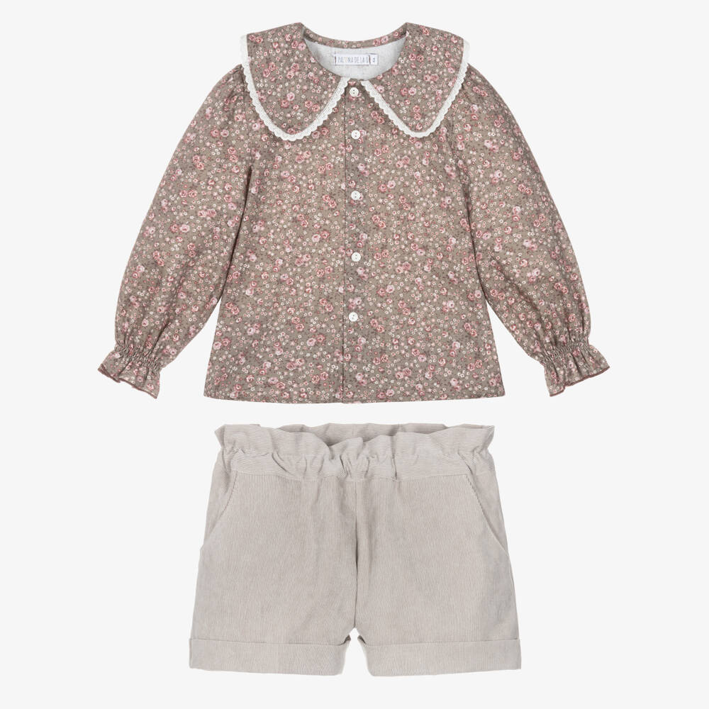 Paloma de la O-Girls Beige Floral Blouse & Needlecord Shorts Set | Childrensalon Outlet