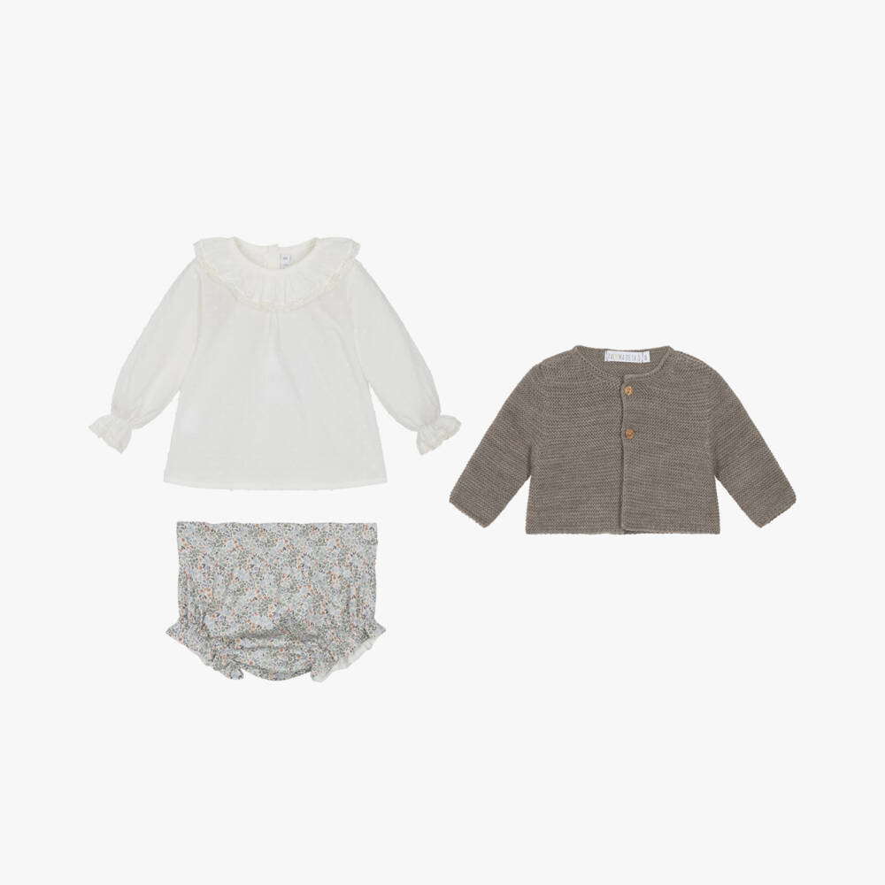 Paloma de la O-Girls Beige Floral Shorts Ensemble | Childrensalon Outlet