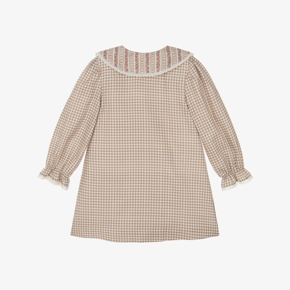 Paloma de la O-Girls Beige & Ivory Check Cotton Dress with Floral Collar | Childrensalon Outlet