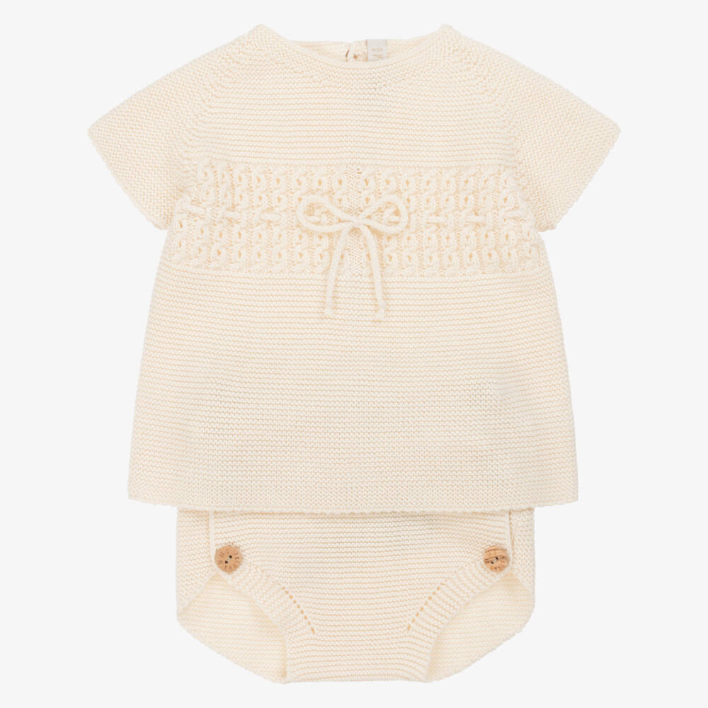 Paloma de la O-Girls Beige Organic Knit Short Ensemble | Childrensalon Outlet