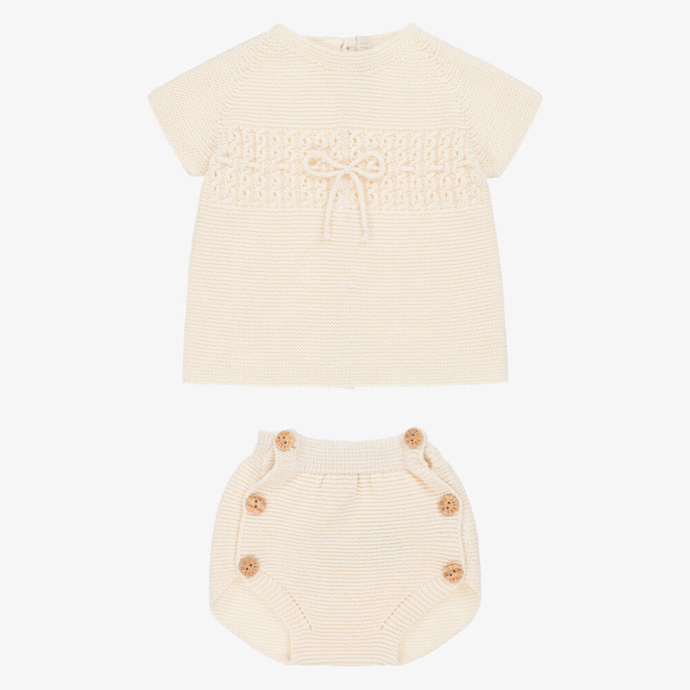 Paloma de la O-Girls Beige Organic Knit Short Ensemble | Childrensalon Outlet